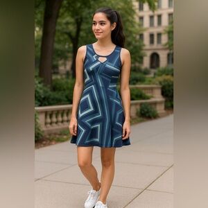 Lole Black & Blue Geometric Sleeveless Stretch Dress | Size Small Summer Style